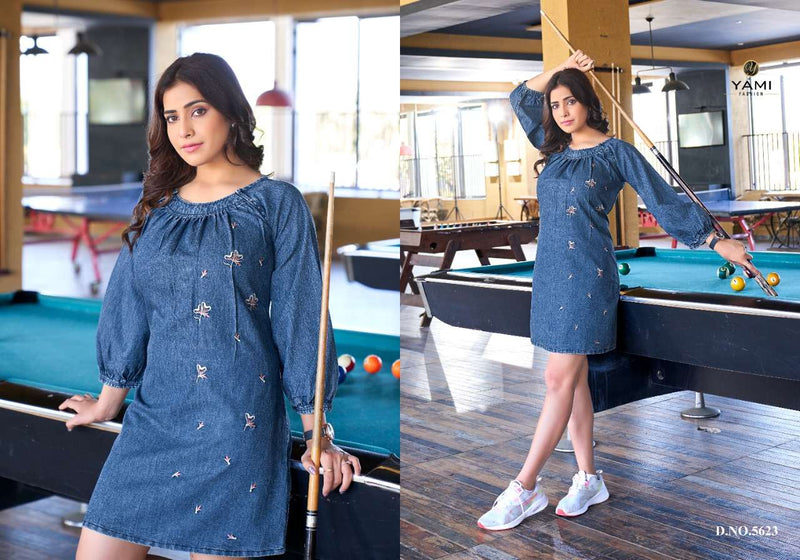 Yami Fashion Vibes Denim Machine Embroidery Fancy Tunics Tops