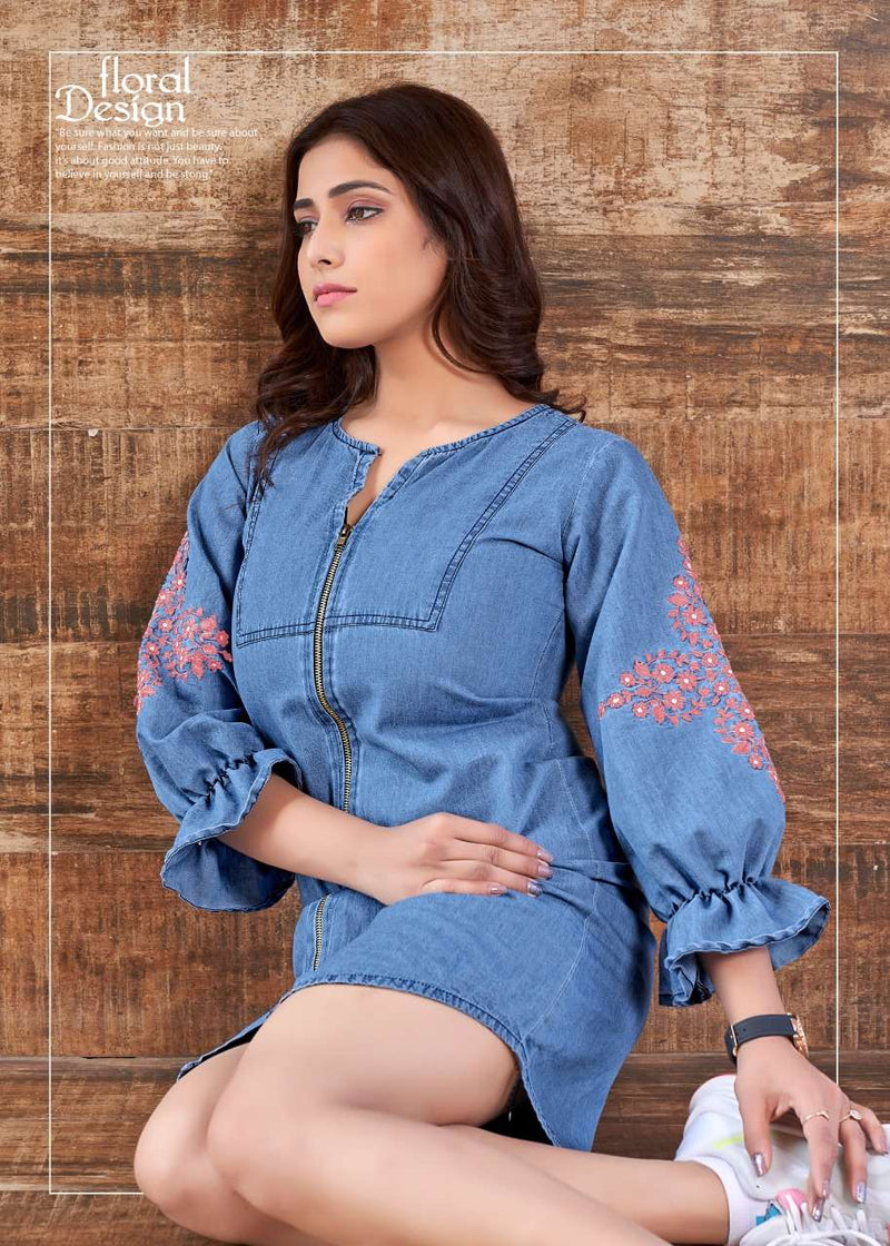Yami Fashion Vibes Denim Machine Embroidery Fancy Tunics Tops