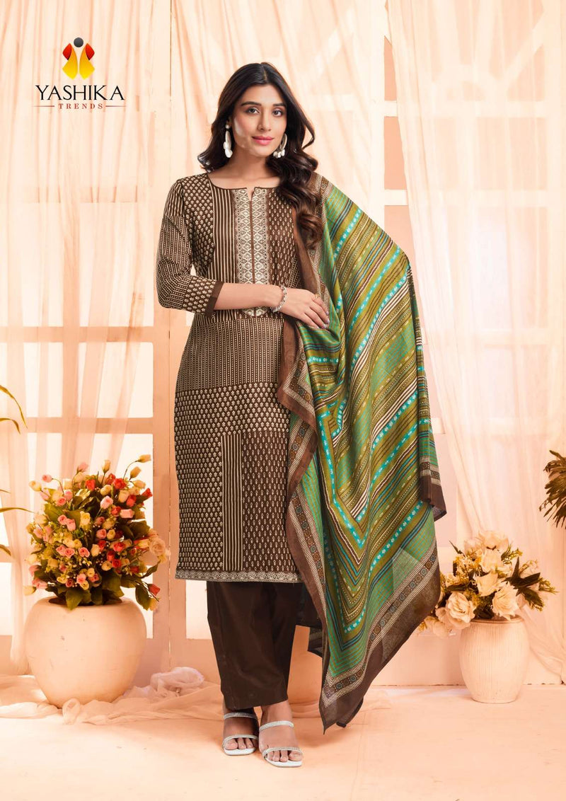 Yashika Trends Erina Cotton Printed Neck And Daman Embrodery Work Salwar Suit