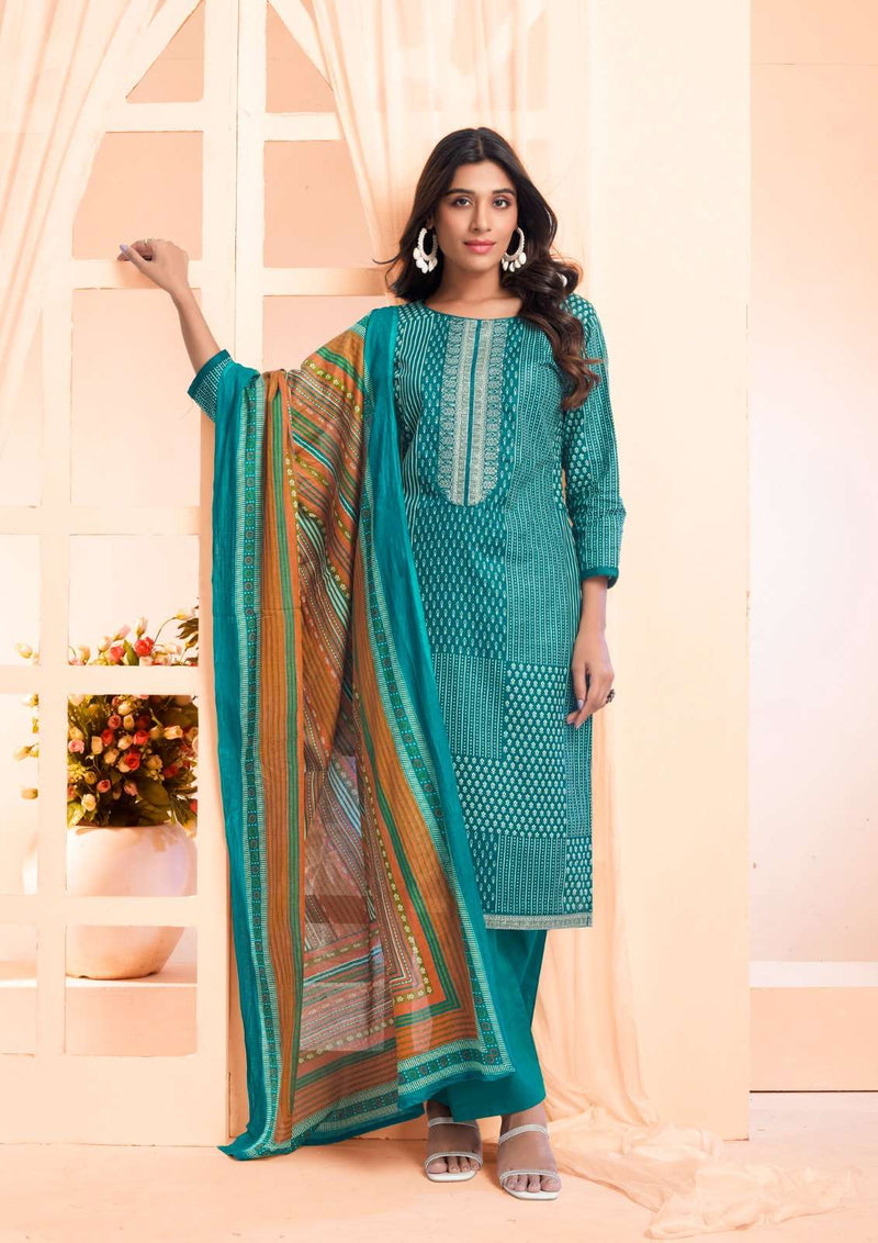 Yashika Trends Erina Cotton Printed Neck And Daman Embrodery Work Salwar Suit
