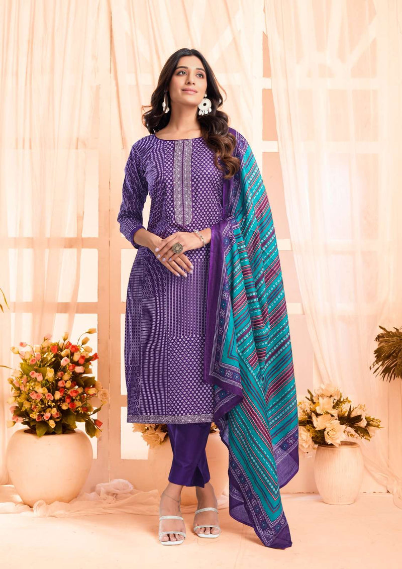 Yashika Trends Erina Cotton Printed Neck And Daman Embrodery Work Salwar Suit