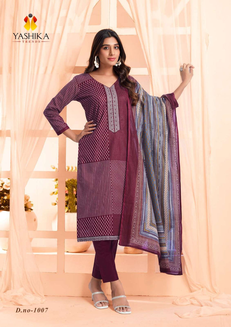 Yashika Trends Erina Cotton Printed Neck And Daman Embrodery Work Salwar Suit