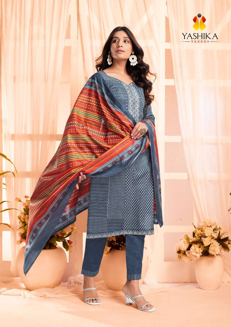 Yashika Trends Erina Cotton Printed Neck And Daman Embrodery Work Salwar Suit