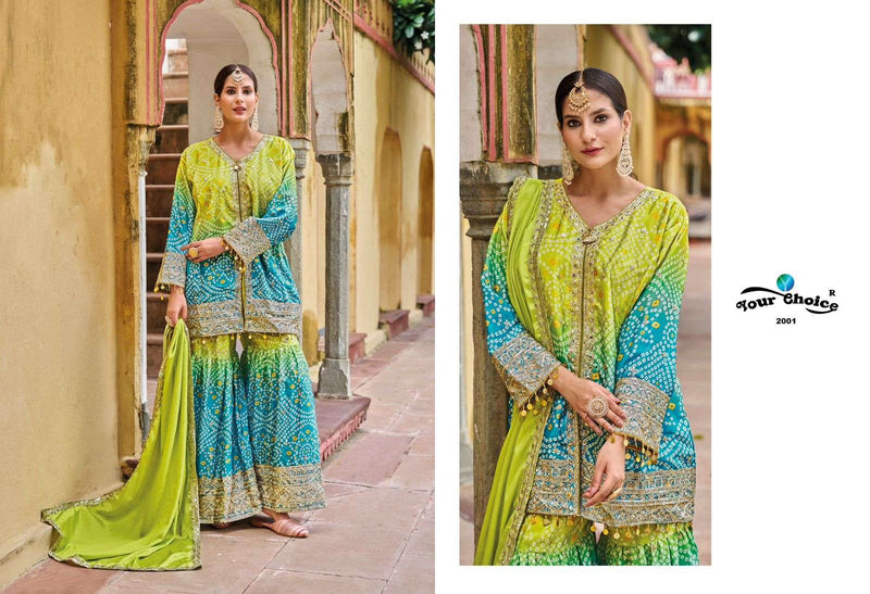 Your Choice Molly Chinon Designer Wedding Wear Bandhani Sharara Set