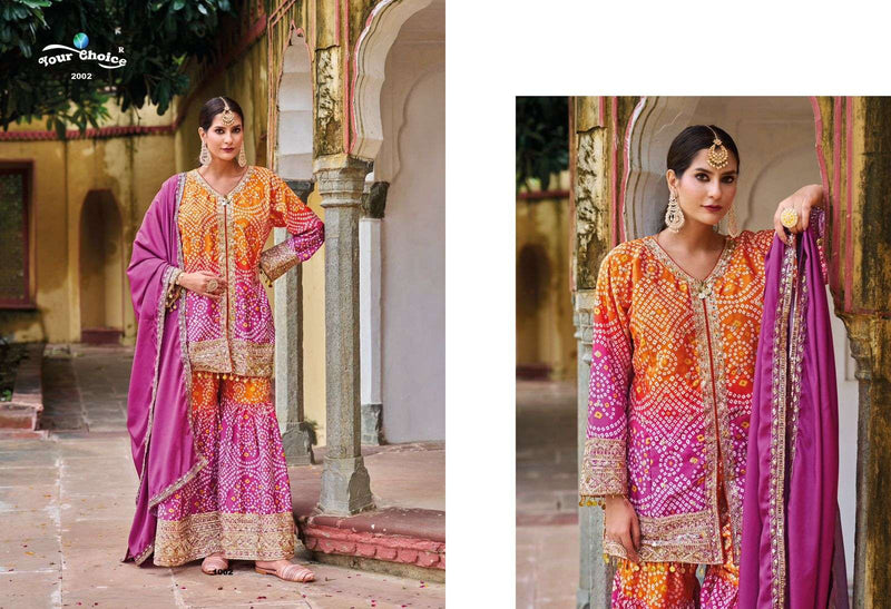 Your Choice Molly Chinon Designer Wedding Wear Bandhani Sharara Set