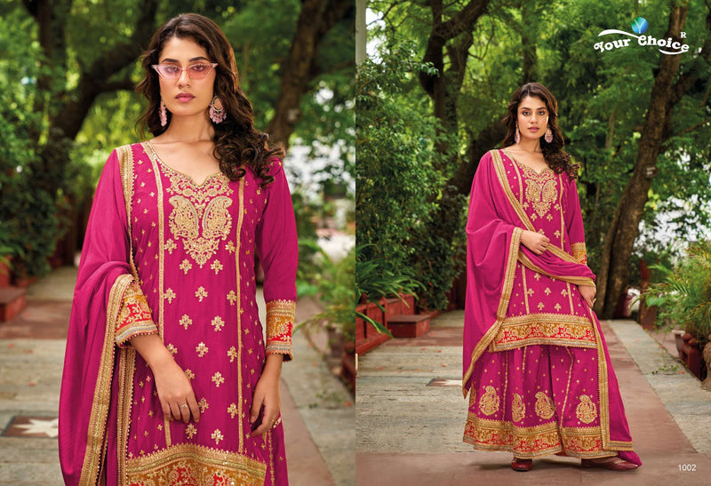 Your Choice Olive Pluse Chinon Designer Party Wear Straight Kurti Sharara Collection