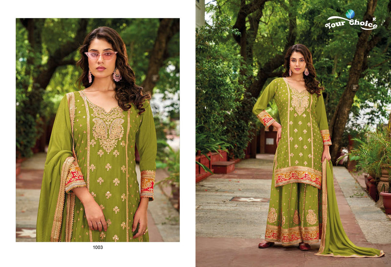 Your Choice Olive Pluse Chinon Designer Party Wear Straight Kurti Sharara Collection
