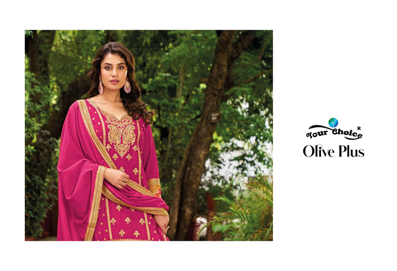 Your Choice Olive Pluse Chinon Designer Party Wear Straight Kurti Sharara Collection