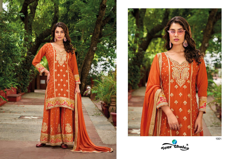 Your Choice Olive Pluse Chinon Designer Party Wear Straight Kurti Sharara Collection