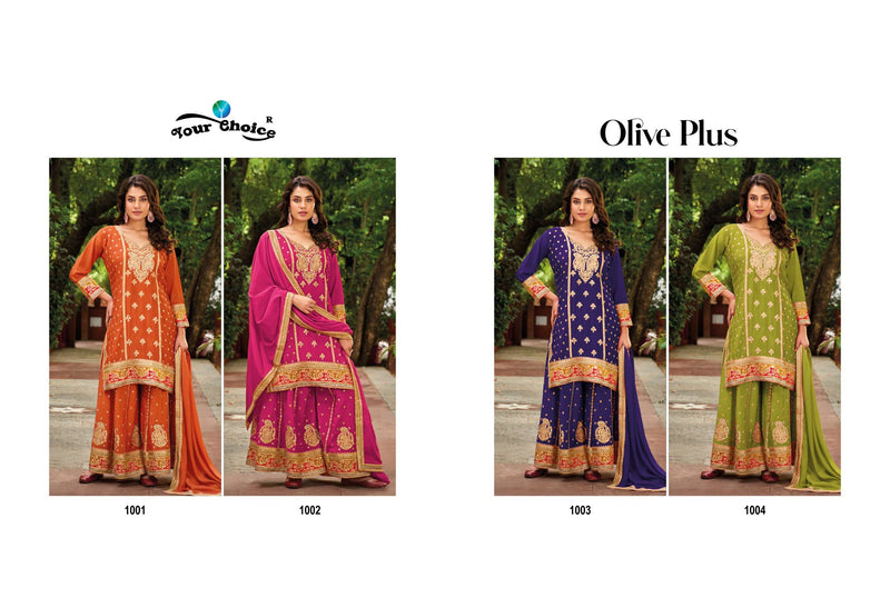 Your Choice Olive Pluse Chinon Designer Party Wear Straight Kurti Sharara Collection