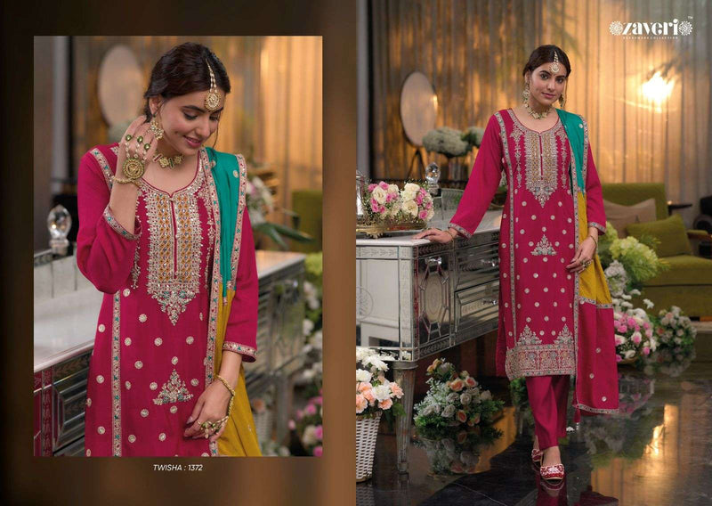 Zaveri Women Beauty Twisha Vol 2 Chinon Emboidery Work Party Wear Kurti Pant Dupatta Set