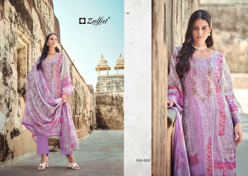 Zulfat Designer Suits Rozeen Cotton Exclusive Designer Print Heavy Embroidery Work Cotton Mal Mal With Dupatta Fancy Suit