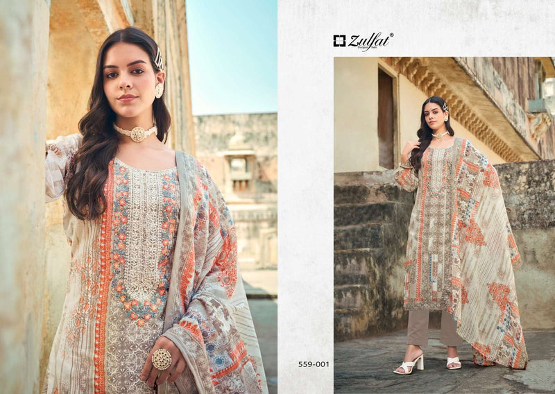 Zulfat Designer Suits Rozeen Cotton Exclusive Designer Print Heavy Embroidery Work Cotton Mal Mal With Dupatta Fancy Suit