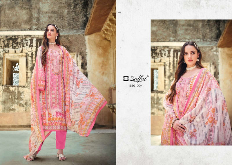 Zulfat Designer Suits Rozeen Cotton Exclusive Designer Print Heavy Embroidery Work Cotton Mal Mal With Dupatta Fancy Suit