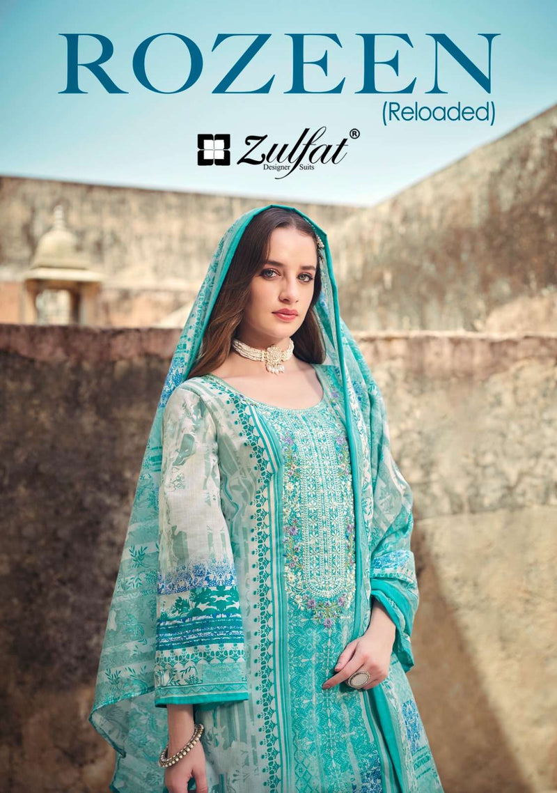 Zulfat Designer Suits Rozeen Cotton Exclusive Designer Print Heavy Embroidery Work Cotton Mal Mal With Dupatta Fancy Suit