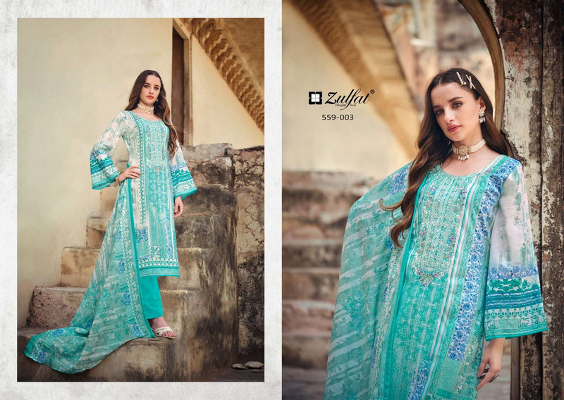 Zulfat Designer Suits Rozeen Cotton Exclusive Designer Print Heavy Embroidery Work Cotton Mal Mal With Dupatta Fancy Suit