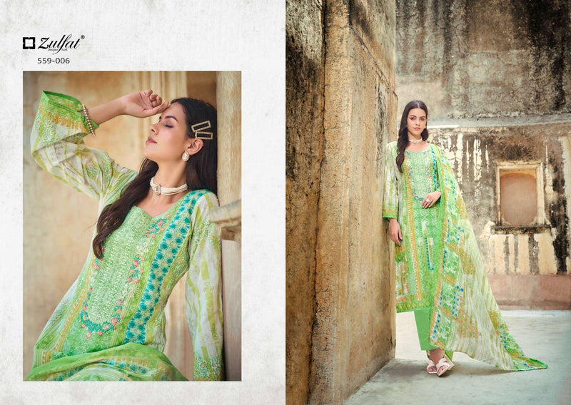 Zulfat Designer Suits Rozeen Cotton Exclusive Designer Print Heavy Embroidery Work Cotton Mal Mal With Dupatta Fancy Suit