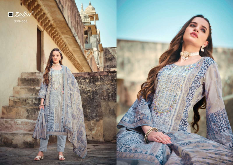 Zulfat Designer Suits Rozeen Cotton Exclusive Designer Print Heavy Embroidery Work Cotton Mal Mal With Dupatta Fancy Suit