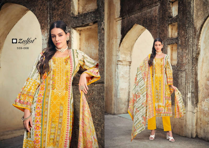 Zulfat Designer Suits Rozeen Cotton Exclusive Designer Print Heavy Embroidery Work Cotton Mal Mal With Dupatta Fancy Suit