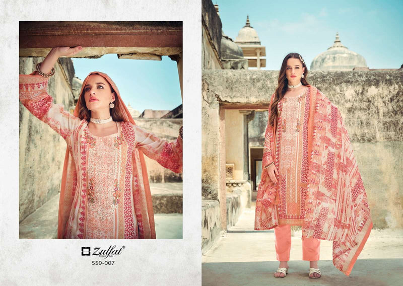 Zulfat Designer Suits Rozeen Cotton Exclusive Designer Print Heavy Embroidery Work Cotton Mal Mal With Dupatta Fancy Suit