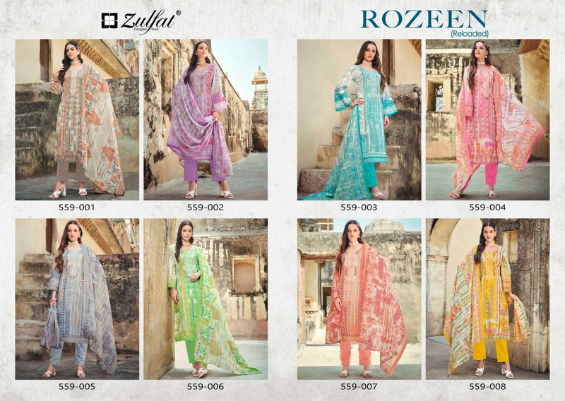 Zulfat Designer Suits Rozeen Cotton Exclusive Designer Print Heavy Embroidery Work Cotton Mal Mal With Dupatta Fancy Suit
