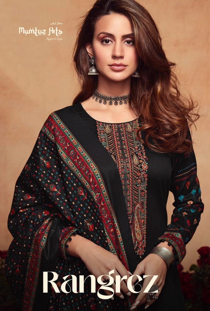 Mumtaz Arts Rangrez Pure Viscose Jam Satin Heavy Embroidery Work Stylish Designer Partywear Salwar Suit