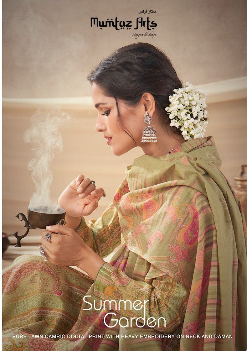 Mumtaz Arts Summer Garden Pure Lawn Cambric Cotton Digital Print Neck Daman Embroidery Printed Stylish Designer Salwar Suit