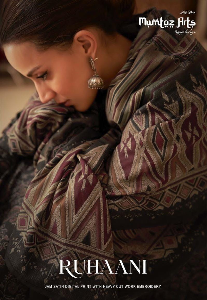 Mumtaz Arts Ruhaani Pure Jam Cotton Digital Print Embroidery Cut Work Daimon Work Stylish Designer Partywear Salwar Suit
