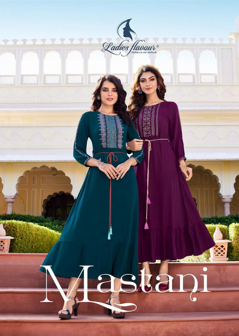 Ladies Flavour Mastani Rayon Wrinkle Embroidery Sequnce With Fancy Dori Partywear Kurti