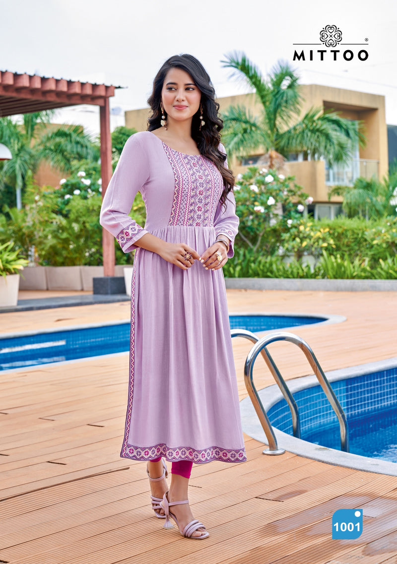 Mittoo Sargam Wrinkle Rayon Work Fancy Designer Wear Kurti