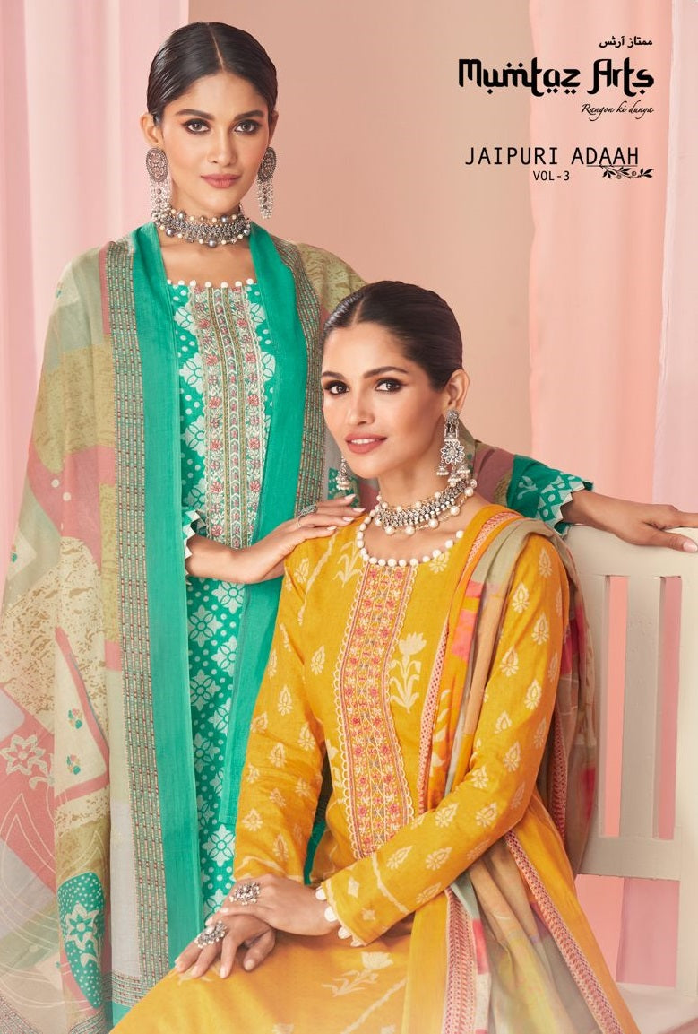 Mumtaz Arts Jaipuri Adaah Vol 3 Pure Lawn Cambric Cotton Digital Print Neck Daimond Embroidery Work Stylish Designer Partywear Salwar Suit