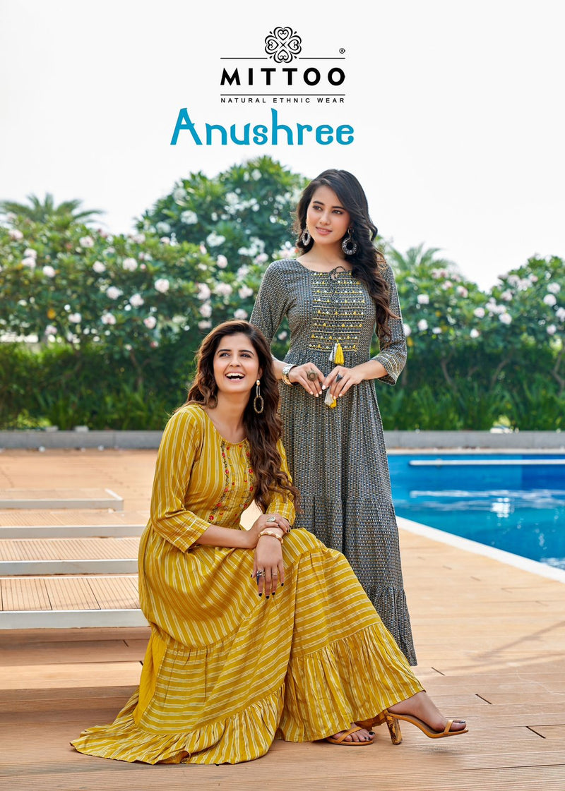 Mittoo Anushree Rayon Wrinkle Print Work Hand Work Stylish Designer Partywear Kurti