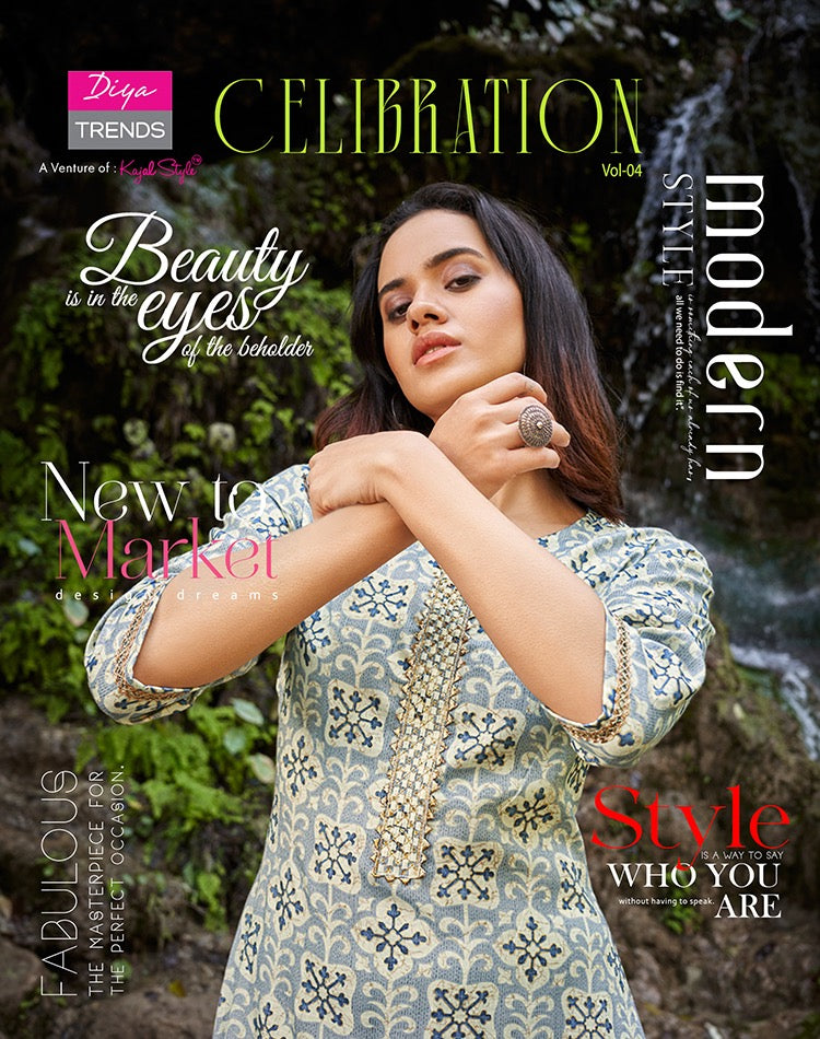 Diya Trends Celebration Vol 4 Rayon Gold Print Sequence Embroidery Work Fancy Designer Stylish Kurti