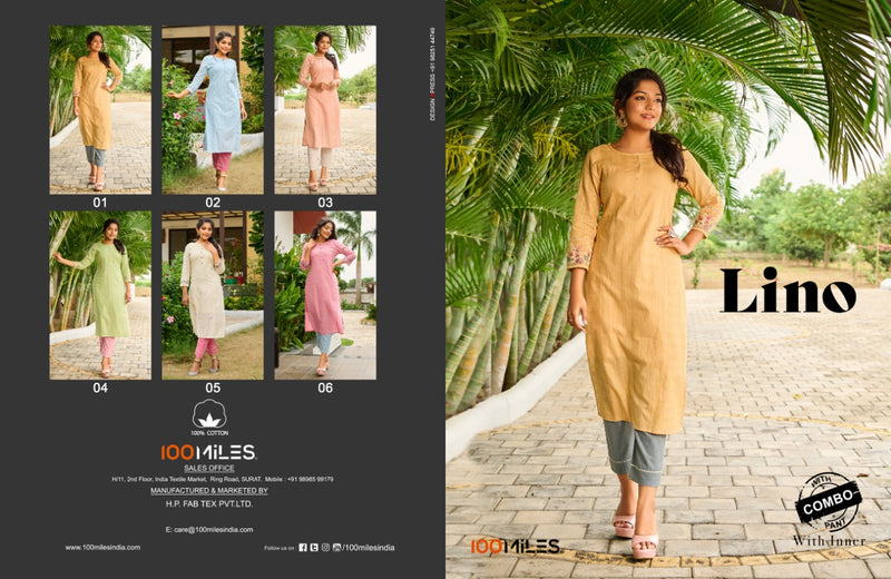 100 Miles Lino Pure Cotton Kurti with Inner Pant Combo Kurti