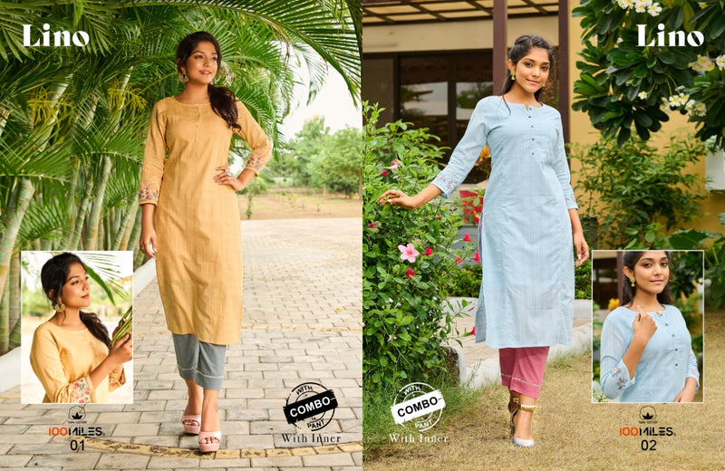 100 Miles Lino Pure Cotton Kurti with Inner Pant Combo Kurti