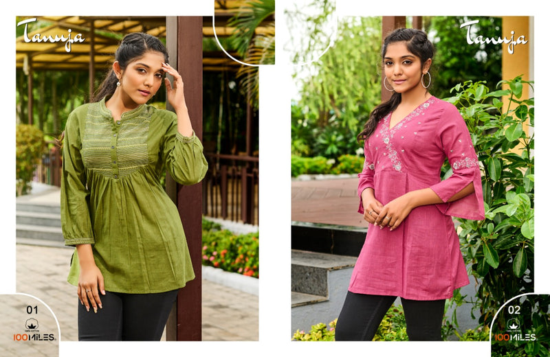 100 Miles Tanuja  Pure Cottonshort Kurtis with heavy embroidery and fancy detailing.
