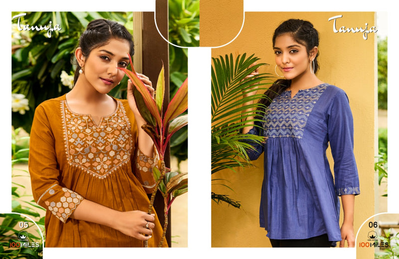 100 Miles Tanuja  Pure Cottonshort Kurtis with heavy embroidery and fancy detailing.