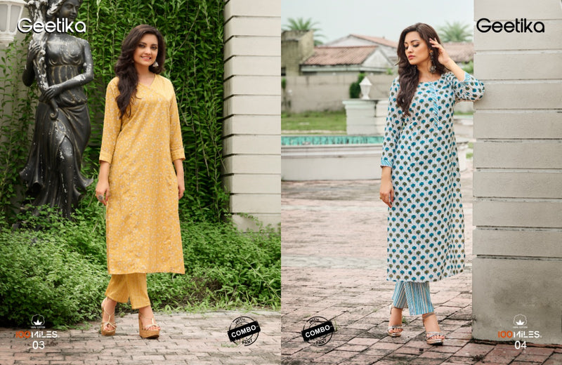 100 Miles Geetika Cotton Printed  With Lace Pure Cotton Kurti