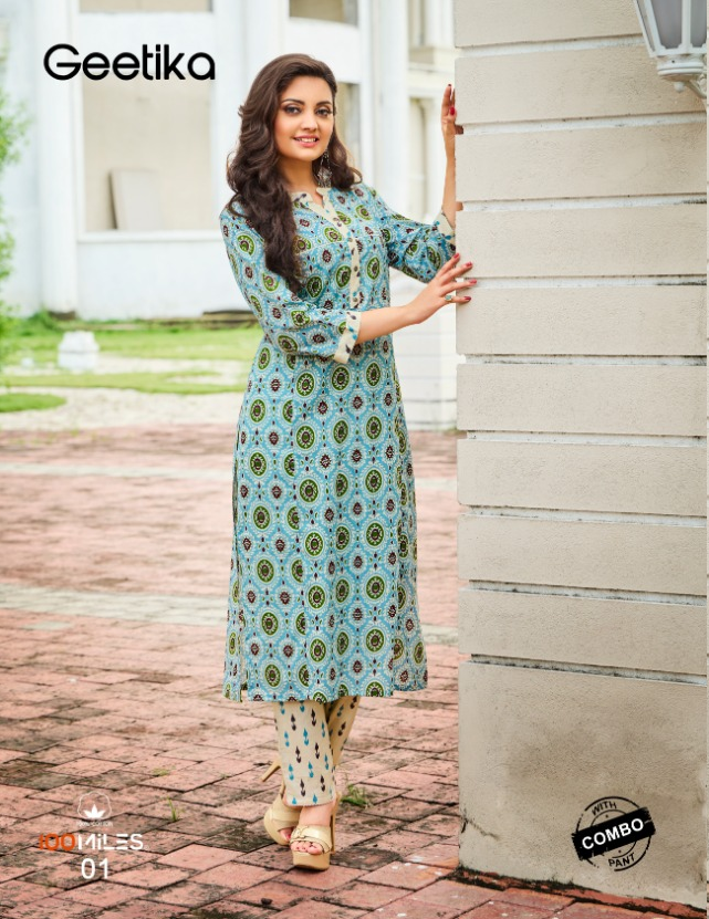 100 Miles Geetika Cotton Printed  With Lace Pure Cotton Kurti