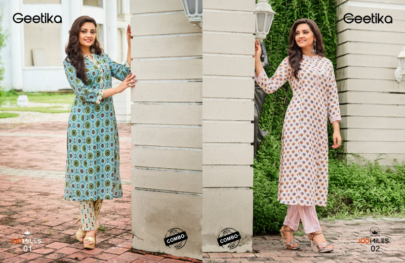 100 Miles Geetika Cotton Printed  With Lace Pure Cotton Kurti