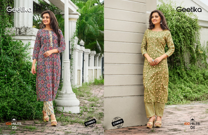 100 Miles Geetika Cotton Printed  With Lace Pure Cotton Kurti