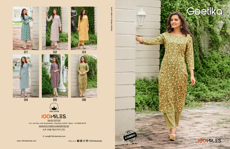 100 Miles Geetika Cotton Printed  With Lace Pure Cotton Kurti