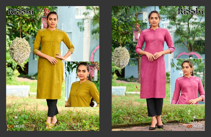 100 Miles Riddhi Linen Cotton Kurti Embroidery Detailing