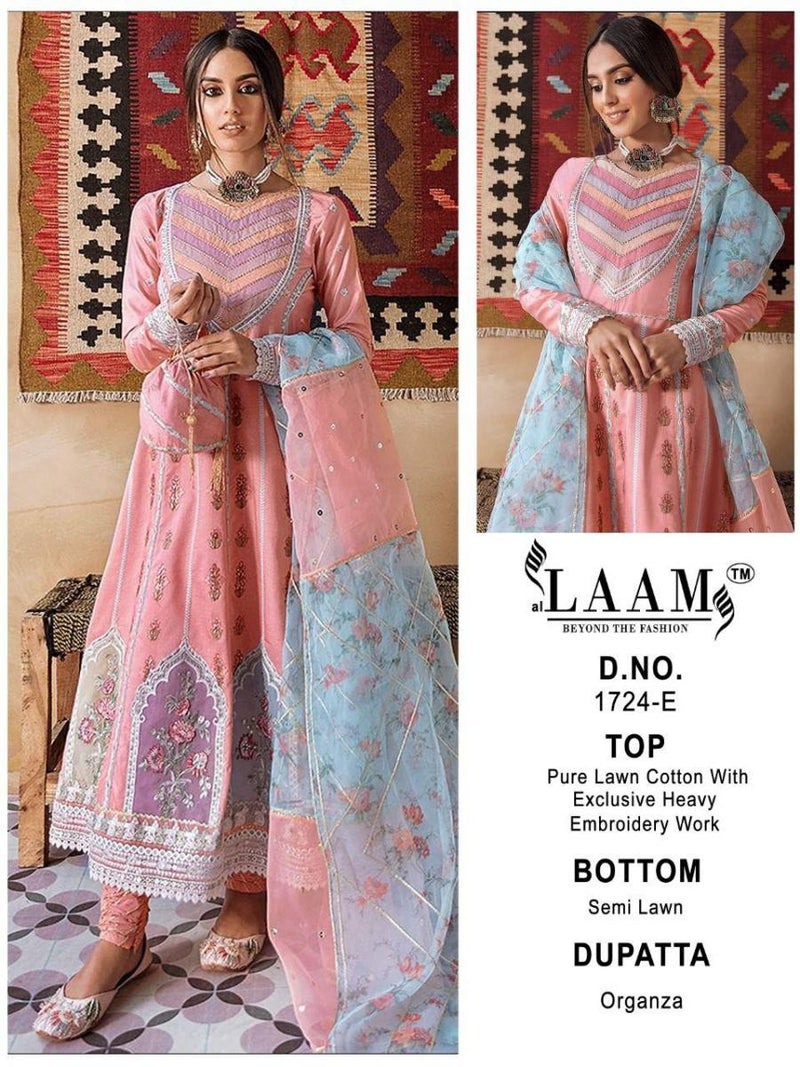 Al Laam 1724 Pure Lawn Cotton Pakistani Style Party Wear Salwar Suits With Heavy Embroidery