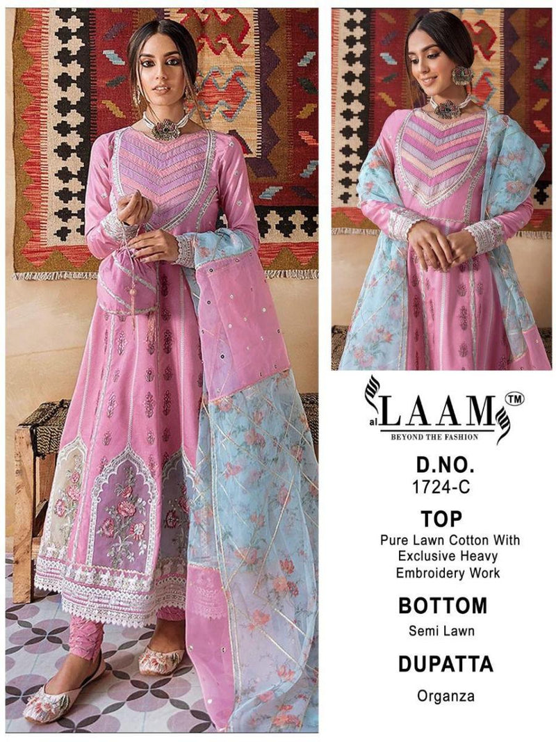 Al Laam 1724 Pure Lawn Cotton Pakistani Style Party Wear Salwar Suits With Heavy Embroidery