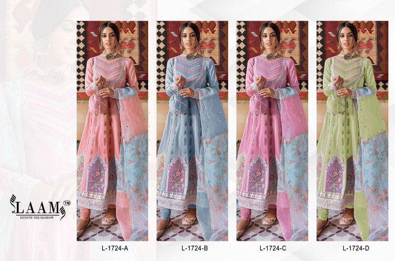 Al Laam 1724 Pure Lawn Cotton Pakistani Style Party Wear Salwar Suits With Heavy Embroidery