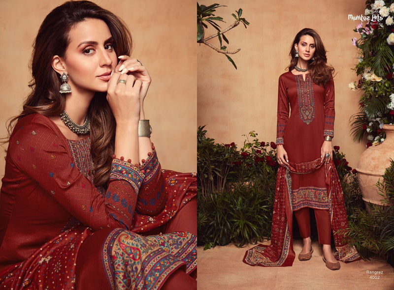 Mumtaz Arts Rangrez Pure Viscose Jam Satin Heavy Embroidery Work Stylish Designer Partywear Salwar Suit