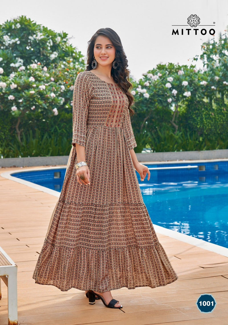 Mittoo Anushree Rayon Wrinkle Print Work Hand Work Stylish Designer Partywear Kurti