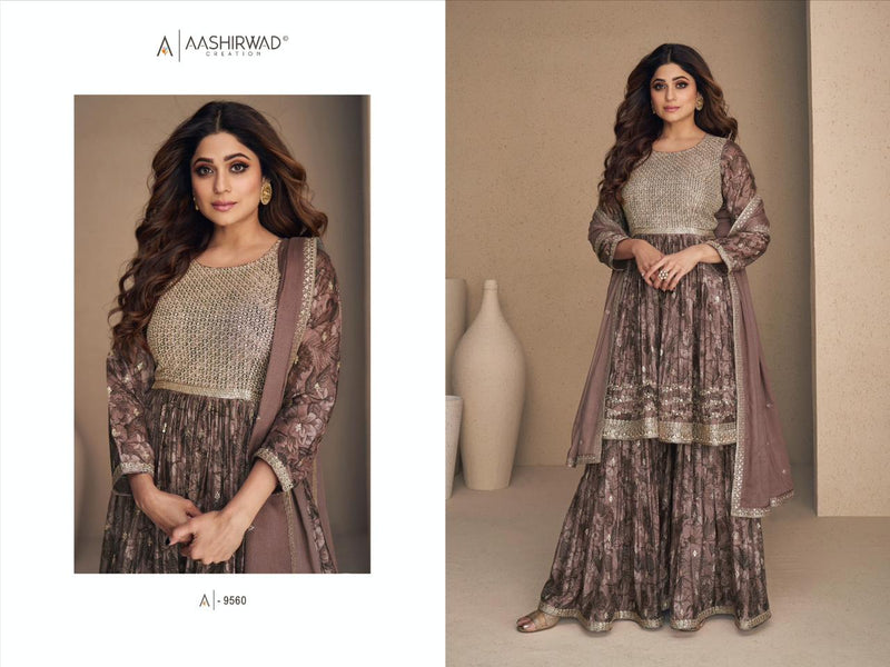 Aashirwad Creation Flower Chinon Silk Digital Printed Heavy Designer Partywear Kurti