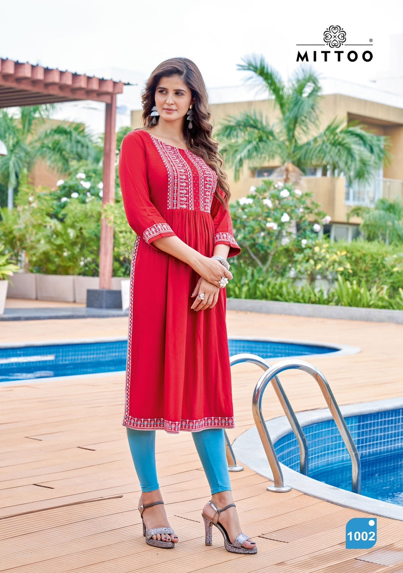 Mittoo Sargam Wrinkle Rayon Work Fancy Designer Wear Kurti